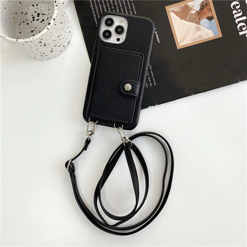 Luxury Crossbody Lanyard Leather Card Holder Wallet Case for iPhone 14 Plus 13 Pro Max mini