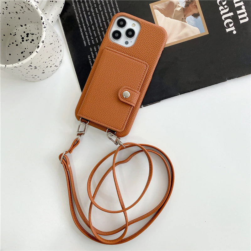 Luxury Crossbody Lanyard Leather Card Holder Wallet Case for iPhone 14 Plus 13 Pro Max mini