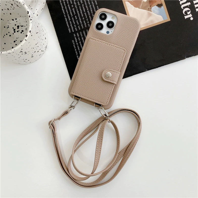 Luxury Crossbody Lanyard Leather Card Holder Wallet Case for iPhone 14 Plus 13 Pro Max mini