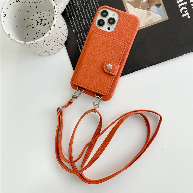 Luxury Crossbody Lanyard Leather Card Holder Wallet Case for iPhone 14 Plus 13 Pro Max mini