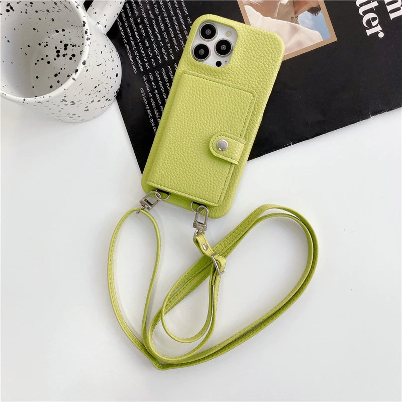 Luxury Leather Crossbody Lanyard iPhone Wallet Case