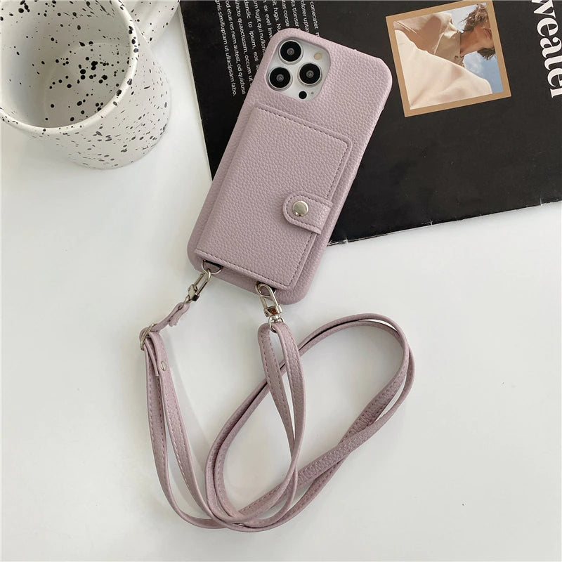 Luxury Crossbody Lanyard Leather Card Holder Wallet Case for iPhone 14 Plus 13 Pro Max mini