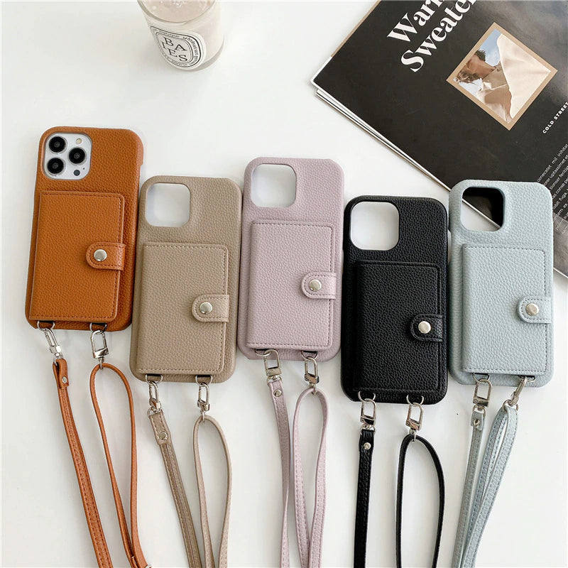 Luxury Crossbody Lanyard Leather Card Holder Wallet Case for iPhone 14 Plus 13 Pro Max mini