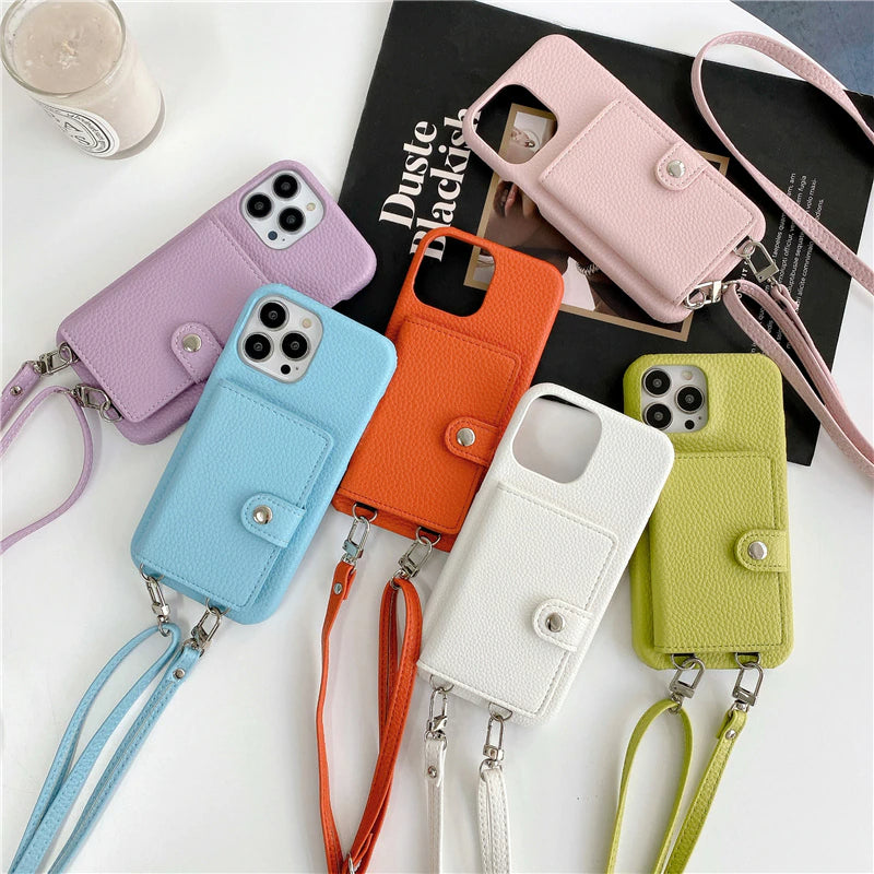 Luxury Crossbody Lanyard Leather Card Holder Wallet Case for iPhone 14 Plus 13 Pro Max mini