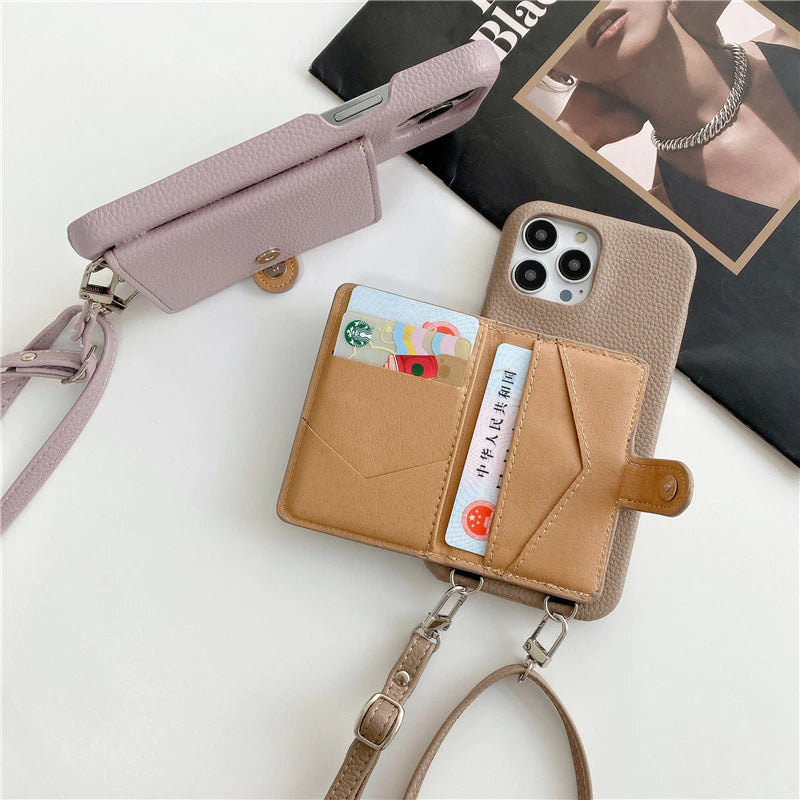 Luxury Crossbody Lanyard Leather Card Holder Wallet Case for iPhone 14 Plus 13 Pro Max mini