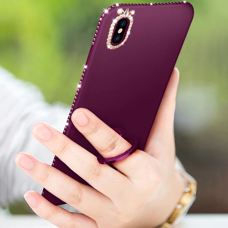 Luxury Bling Fashion Shining Glitter Crystal Rhinestone Finger Ring Magnetic Kickstand Case For iPhone X 8 7 6 Plus Soft TPU Cover