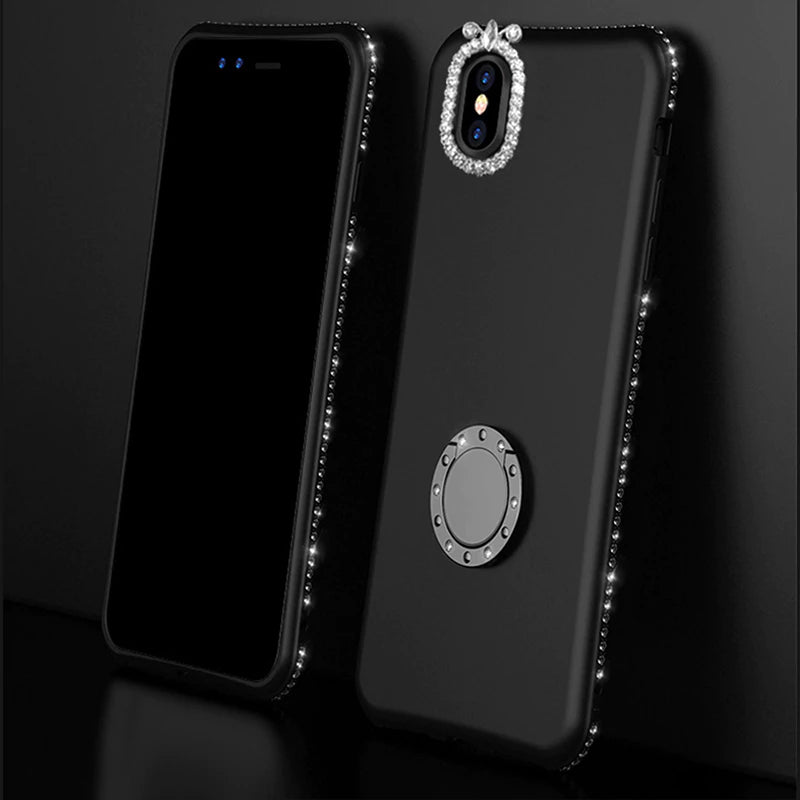 Luxury Bling Fashion Shining Glitter Crystal Rhinestone Finger Ring Magnetic Kickstand Case For iPhone X 8 7 6 Plus Soft TPU Cover