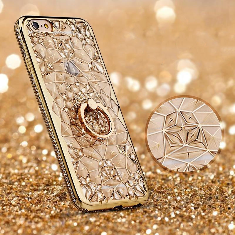 Luxury Crystal Gold Rhinestone Case For iPhone X Xs Max XR Case 3D Silicon Case With Finger Ring Stand For iPhone 5 5S SE 6 S 7 8 Plus