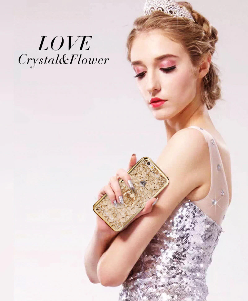 Luxury Crystal Gold Rhinestone Case For iPhone X Xs Max XR Case 3D Silicon Case With Finger Ring Stand For iPhone 5 5S SE 6 S 7 8 Plus