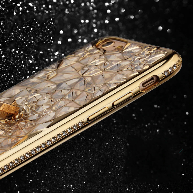 Luxury Crystal Gold Rhinestone Case For iPhone X Xs Max XR Case 3D Silicon Case With Finger Ring Stand For iPhone 5 5S SE 6 S 7 8 Plus