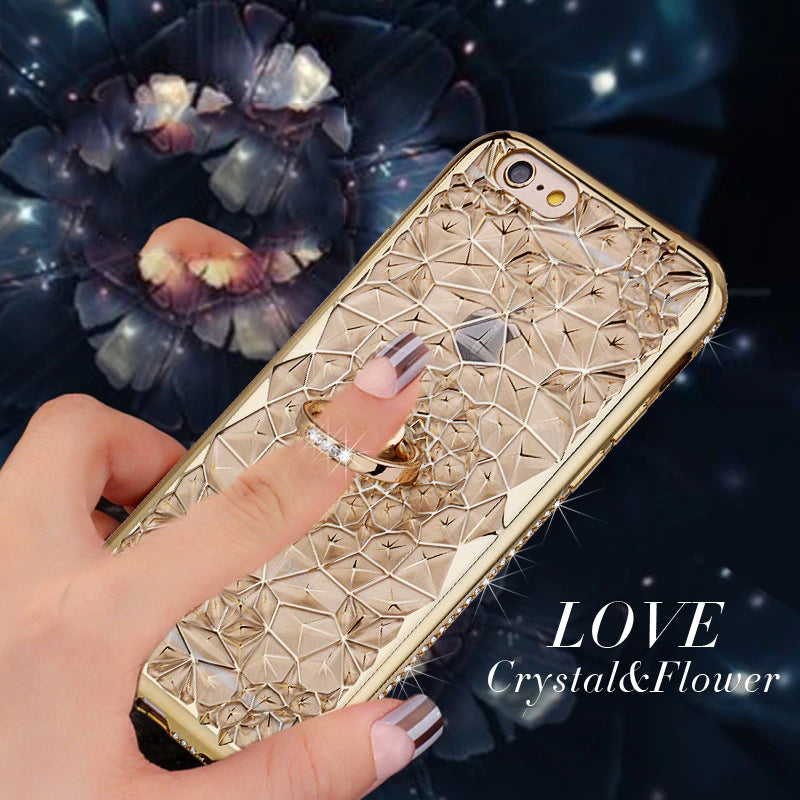 Luxury Crystal Gold Rhinestone Case For iPhone X Xs Max XR Case 3D Silicon Case With Finger Ring Stand For iPhone 5 5S SE 6 S 7 8 Plus