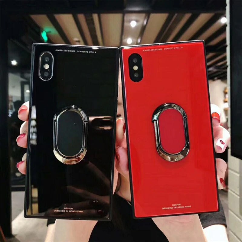 Luxury Square Anti-knock Tempered Glass Back Cover Hybrid Shockproof Phone Case For iPhone X 8 7 6 6S Plus Phone Cases