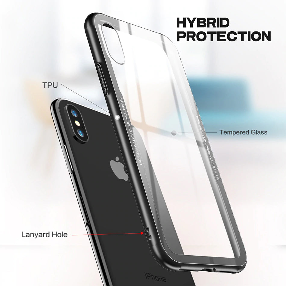 Luxury Ultra Thin Toughened Glass Back Case Cover For iPhone X 6 7 Transparent Case Soft Silicone Edge Case For iPhone 8 7 Plus