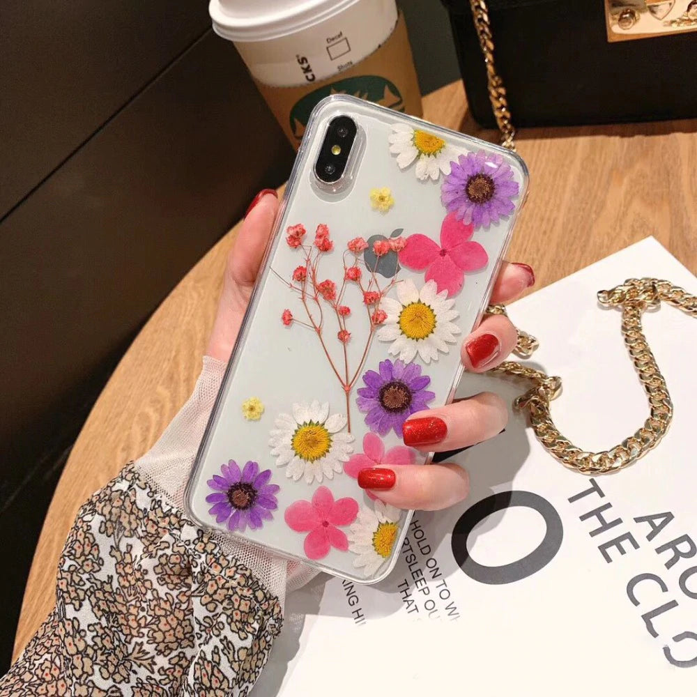 Pretty Floral Transparent Phone Case For iPhone X XS 6 6s 7 7 Plus 8 8 Plus Clear Case With Real Dried Flowers Permanently Sealed In Case