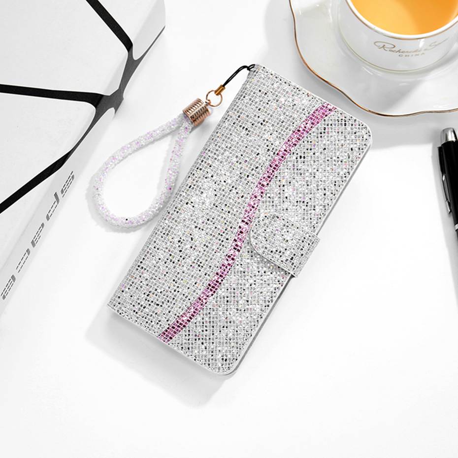 Sparkling Soft PU Leather Glitter Bling Flip Case For iPhone 11 Pro X XS XR Max Card Holder Case For iPhone 6 7 8 Plus SE 2020 Wallet Style Flip Case With Strap