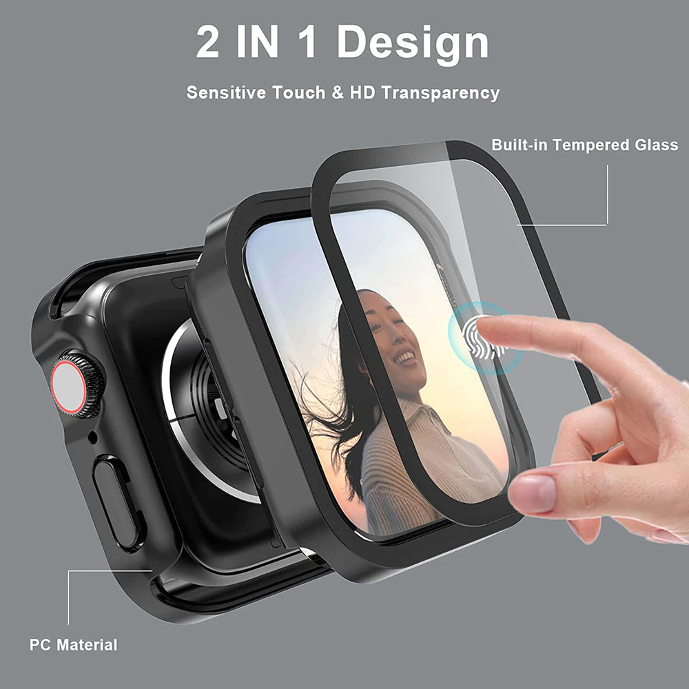 Straight Edge Case For Apple Watch Series 8 7 45/41mm 4 5 6 Cover + Glass Screen Protector