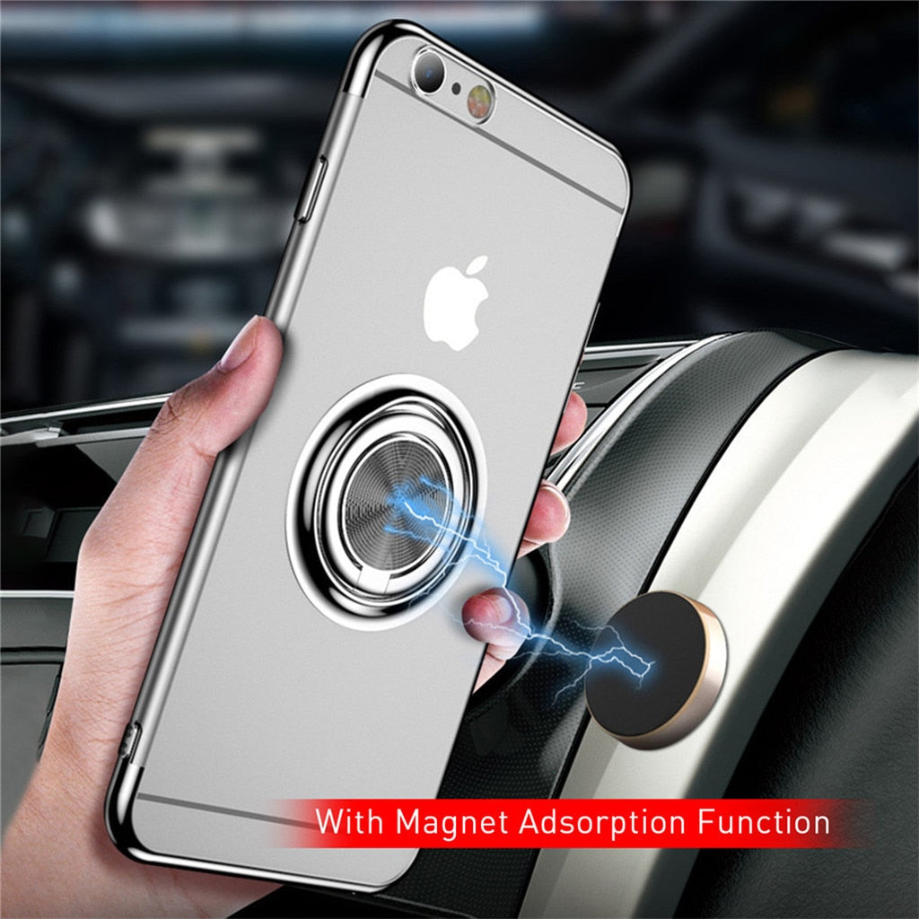 Transparent Ring Stand Case For iPhone Finger Ring Holder Kick Stand Back Cover Phone Cases With Magnet Adsorption For iPhone 7 8 6 6S Plus X