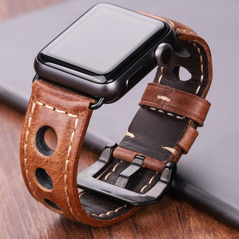 Unisex Real Leather Drivers Watchband For Apple Watch Series 5 4 3 2 1 42384440mm