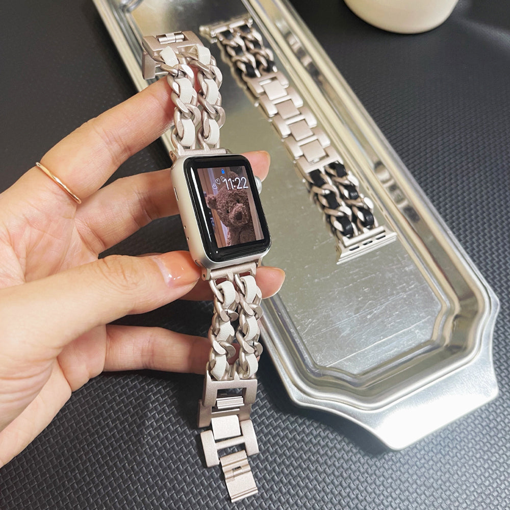 Women's Gold Wristband for Apple Watch 8 Ultra 49mm 7 SE 6 5 4 3 41mm Metal & Leather Bracelet