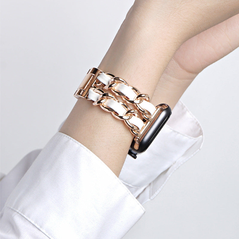 Women's Gold Wristband for Apple Watch 8 Ultra 49mm 7 SE 6 5 4 3 41mm Metal & Leather Bracelet
