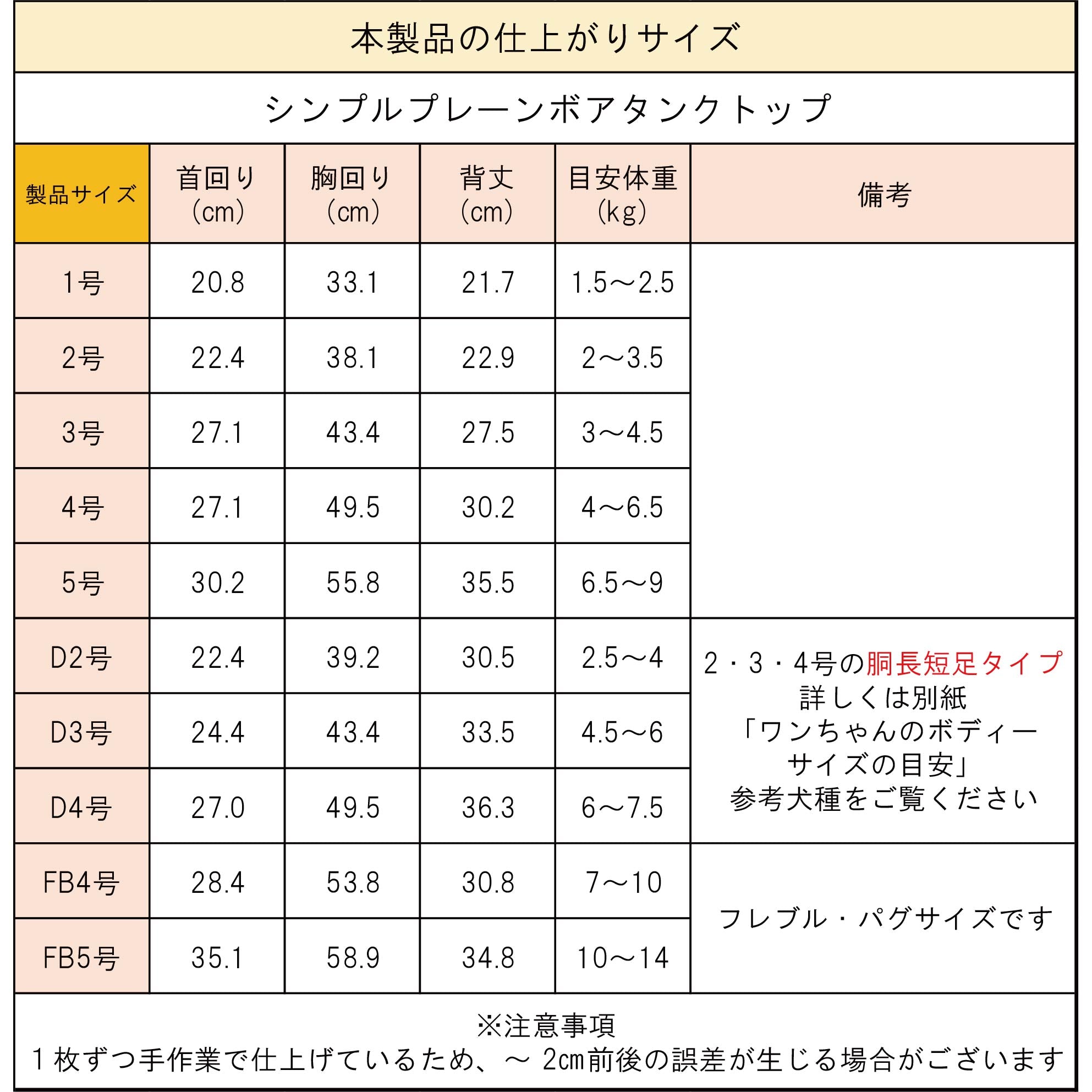 製品サイズ表