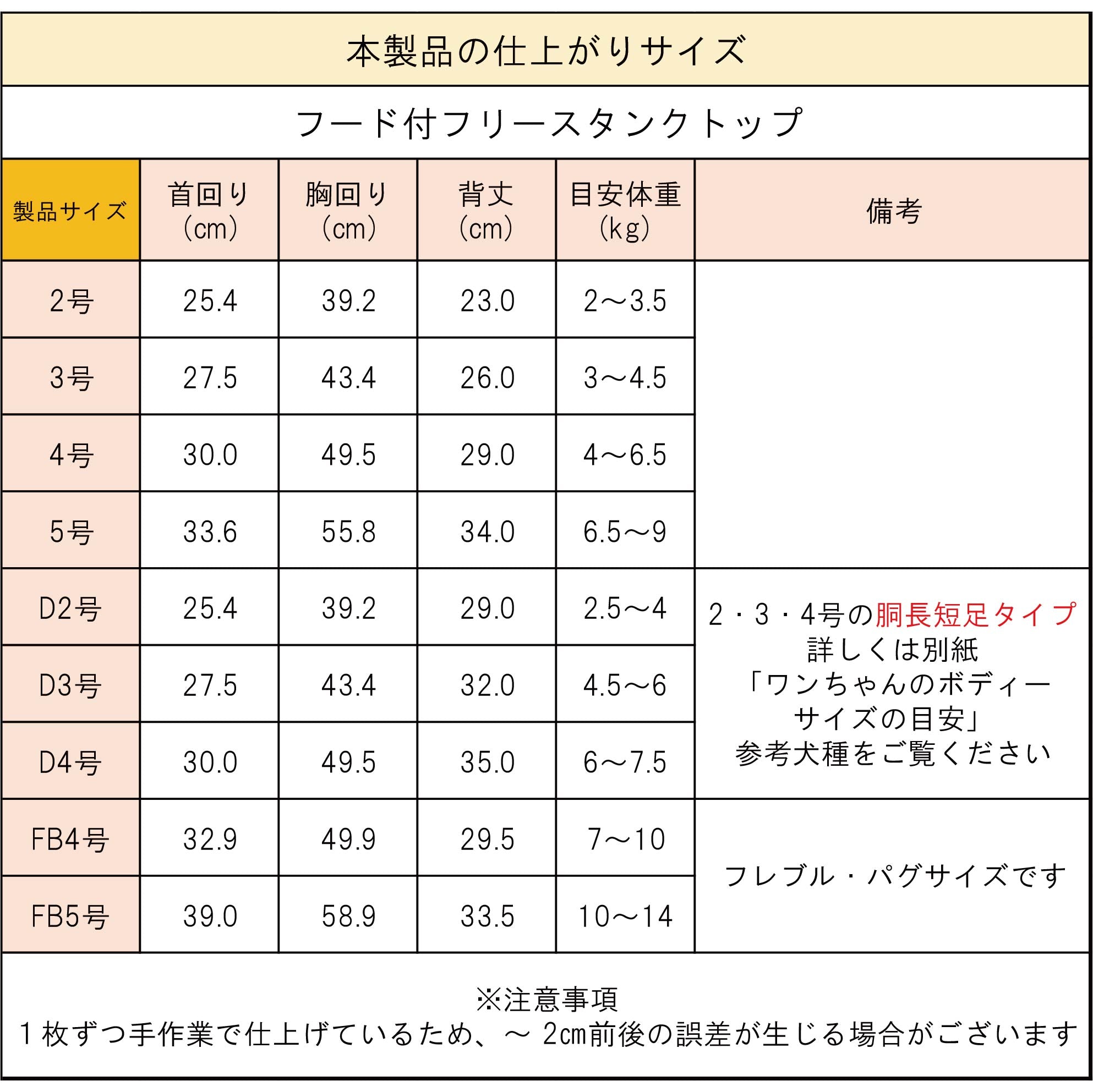 製品サイズ表