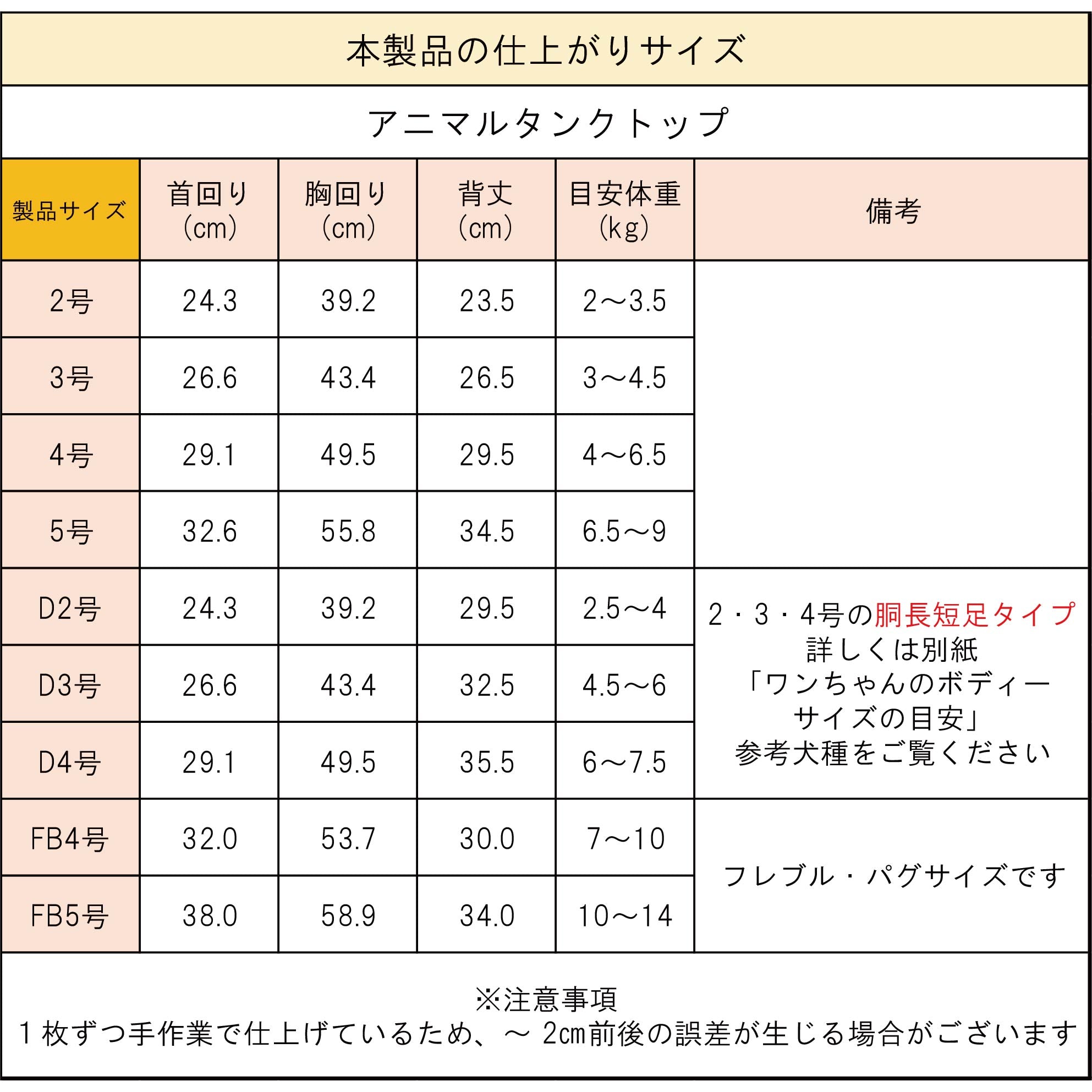 製品サイズ表