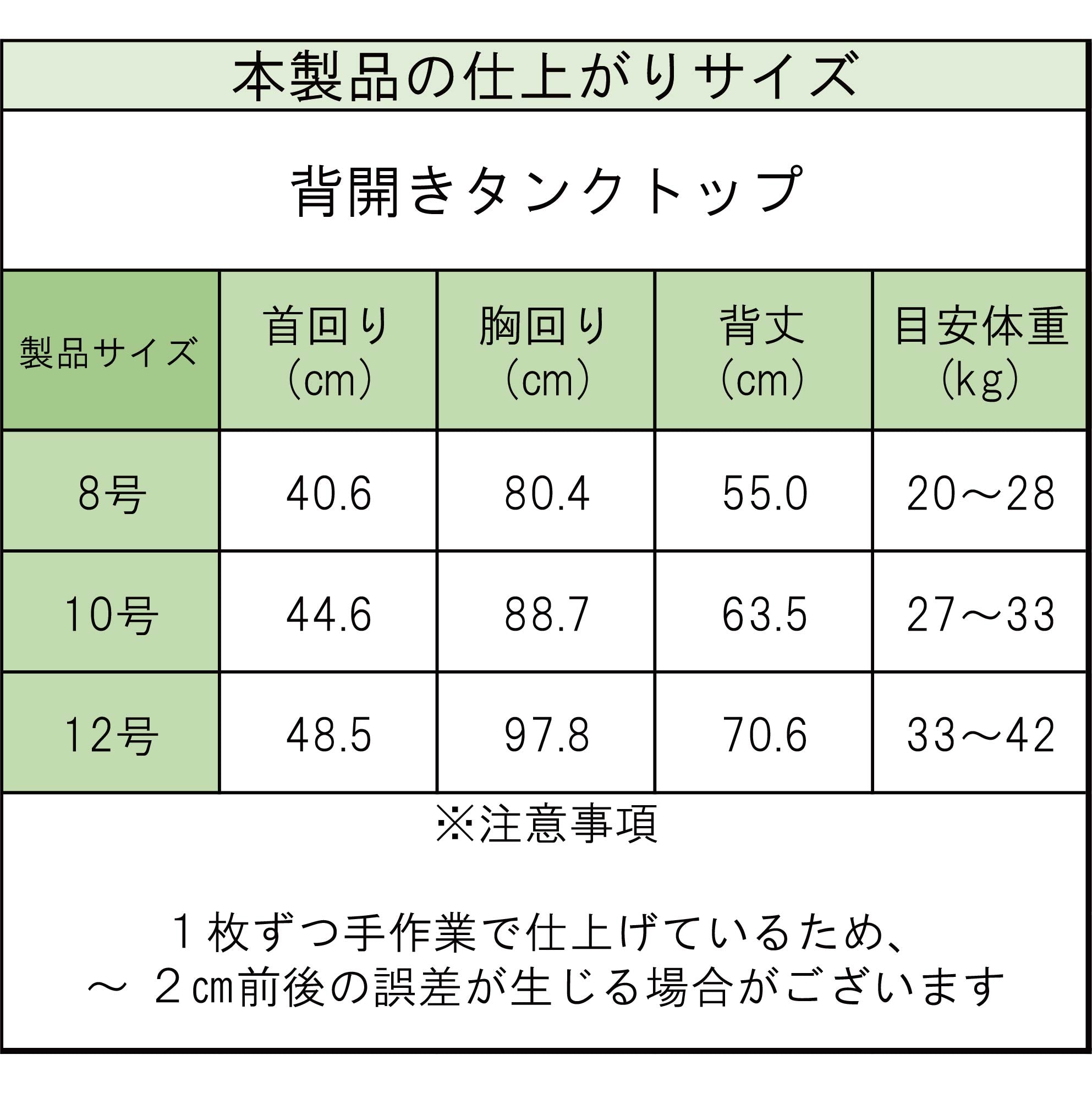 製品サイズ表