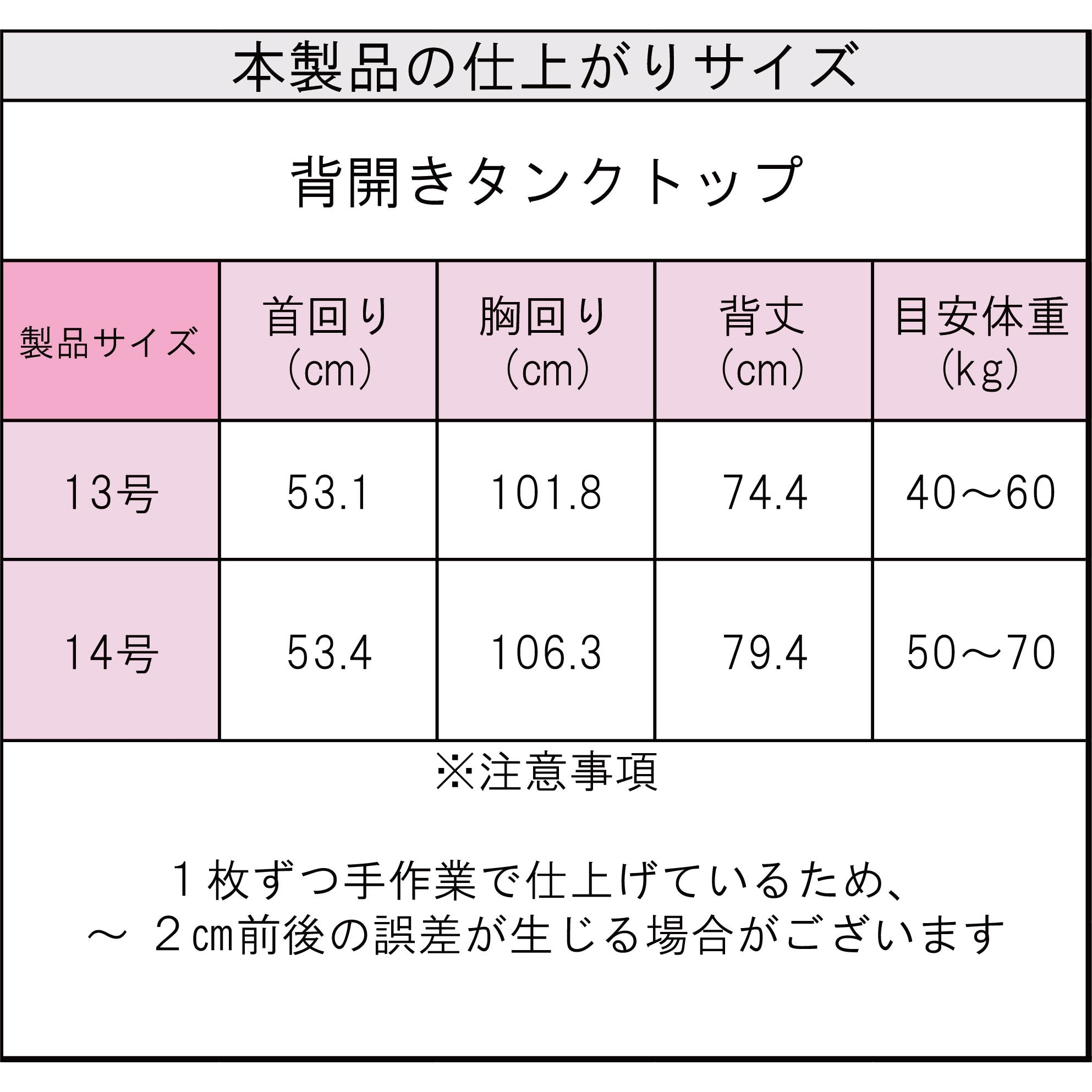 製品サイズ表