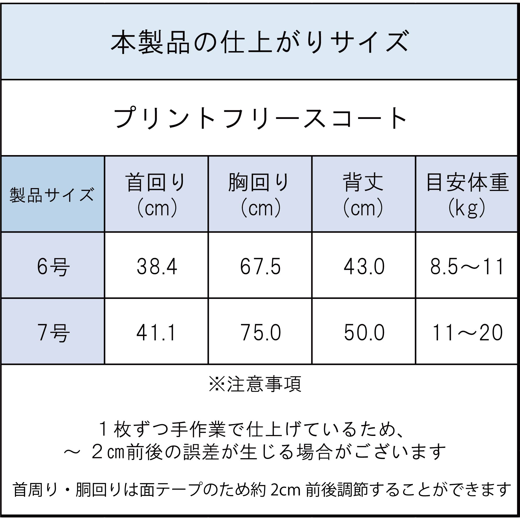 製品サイズ表