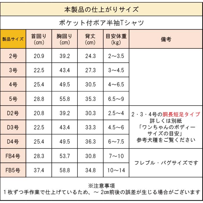 製品サイズ表