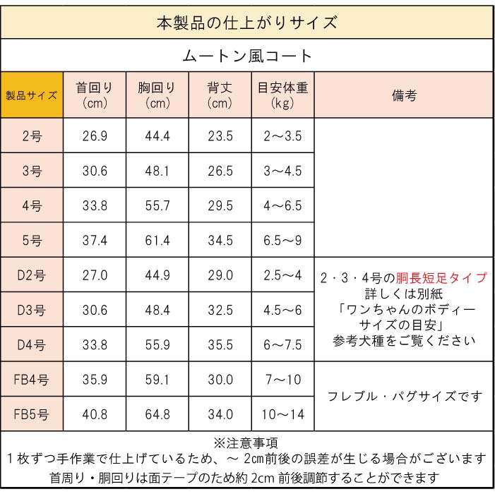 製品サイズ表