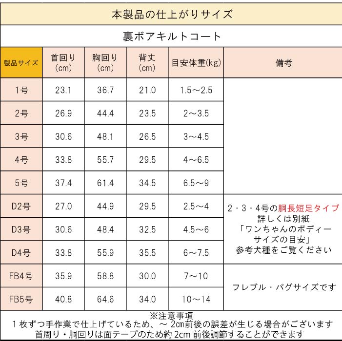 製品サイズ表