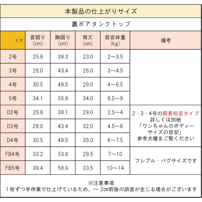 製品サイズ表