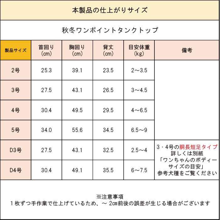 製品サイズ表