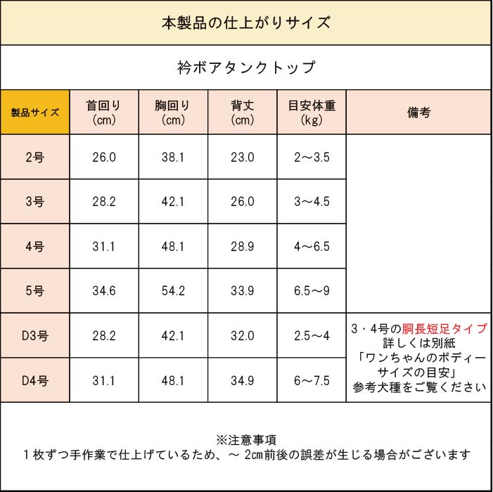 製品サイズ表