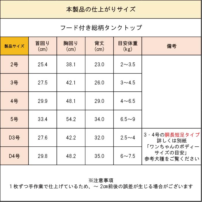 製品サイズ表