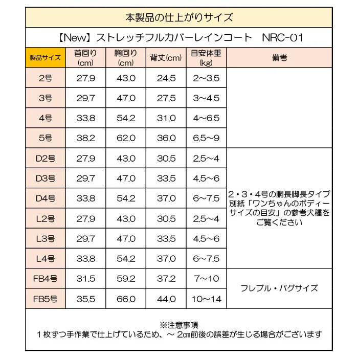 製品サイズ表