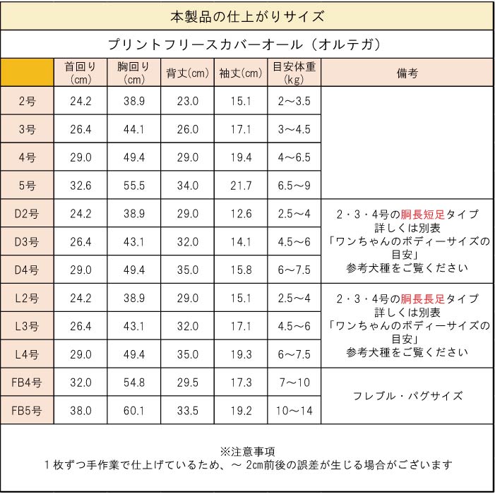 オルテガ製品サイズ表