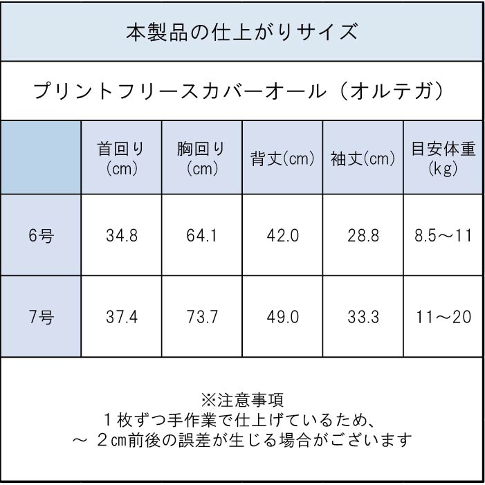 オルテガ製品サイズ表