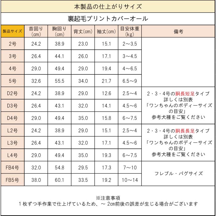 製品サイズ表