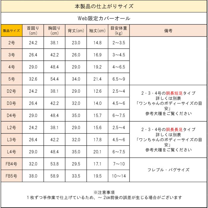 製品サイズ表