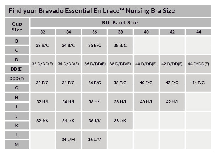 Bravado Essential Embrace Size Chart