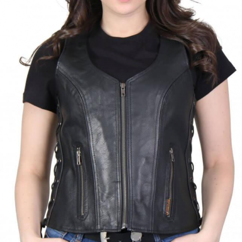 Ladies Side Lace Zip Up Leather Vest American Bad Ass Apparel