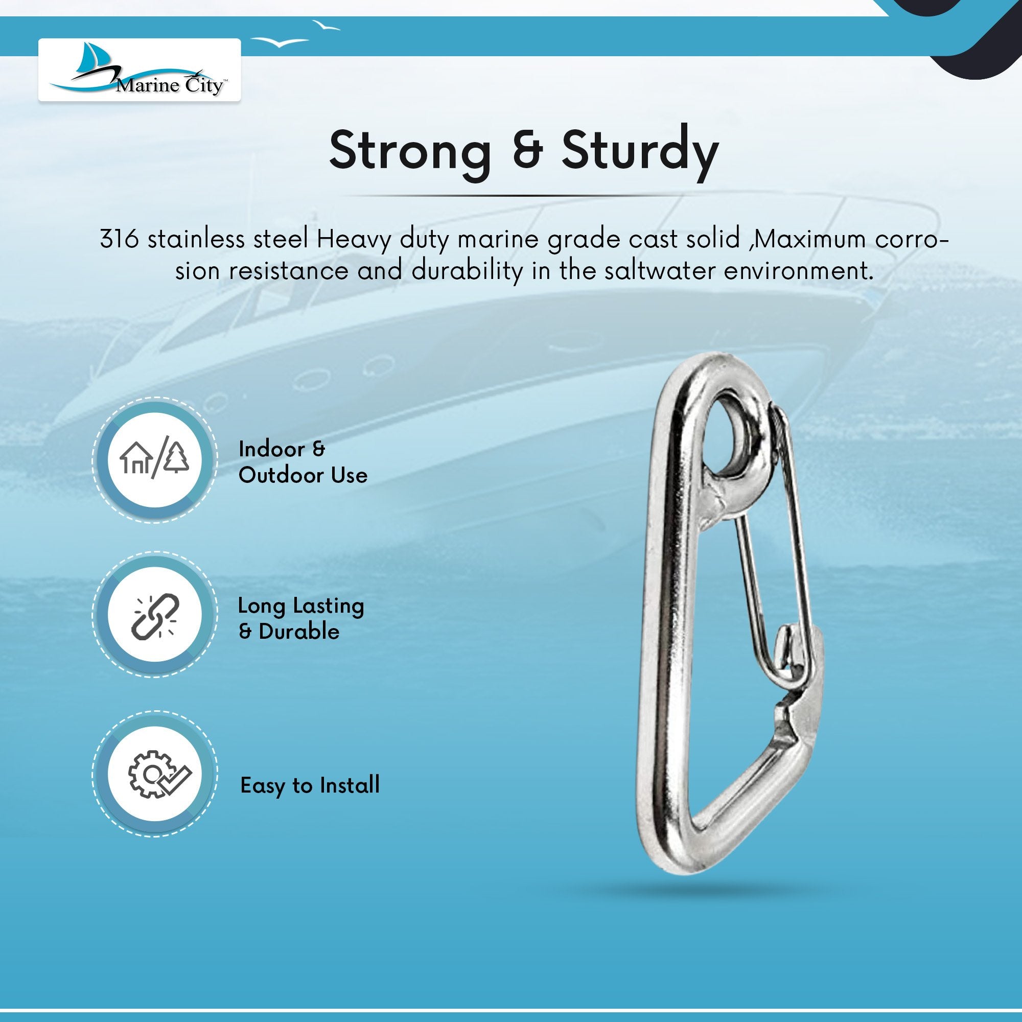 Marine City 316 Grade Stainless Steel Carabiner Spring Snap Hook with Ring 2 Inches for Climbing Fishing Hiking (Pack of 1)