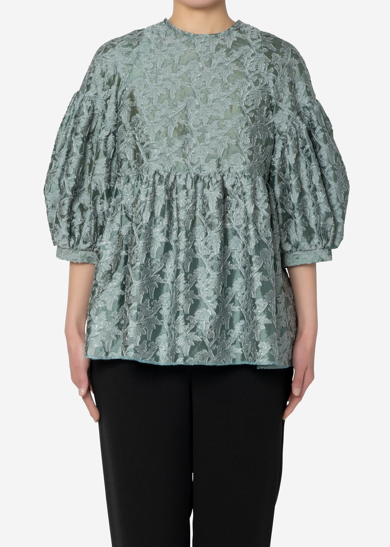 Shiny Flower Jacquard Puff Blouse in Olive – Greed International