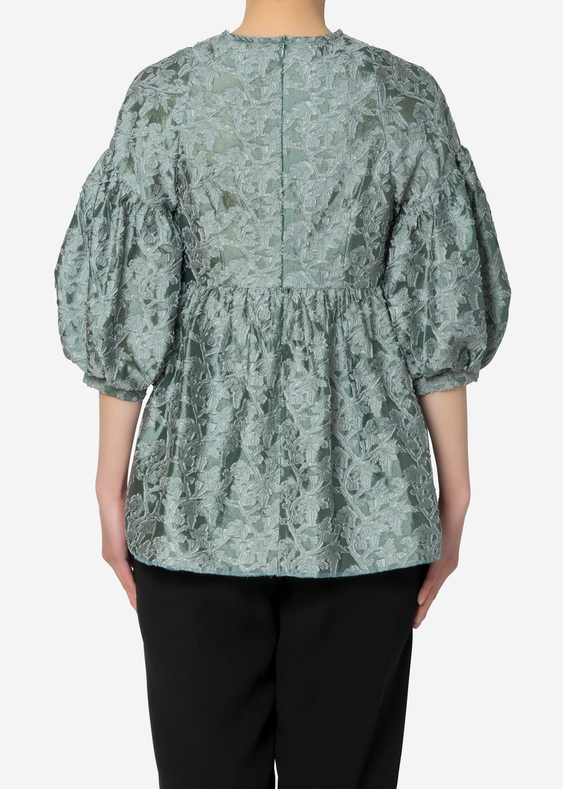 Shiny Flower Jacquard Puff Blouse in Olive – Greed International