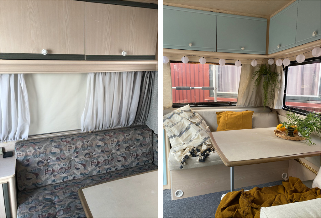 caravan renovation, tv2, before and after, dining area