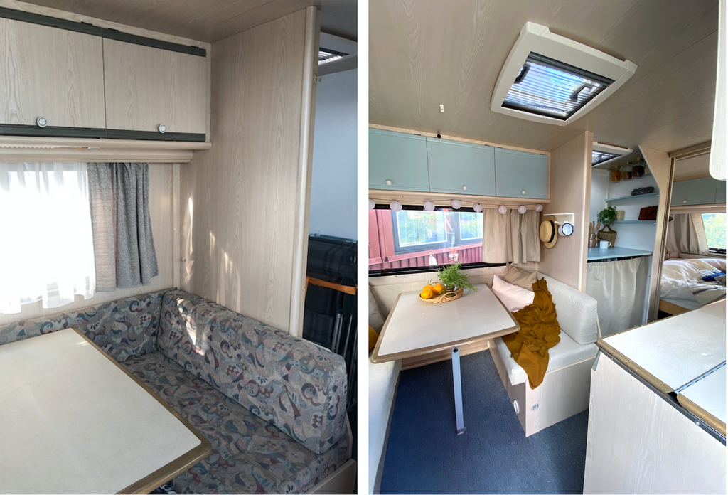 caravan renovation, tv2, before and after, dining area