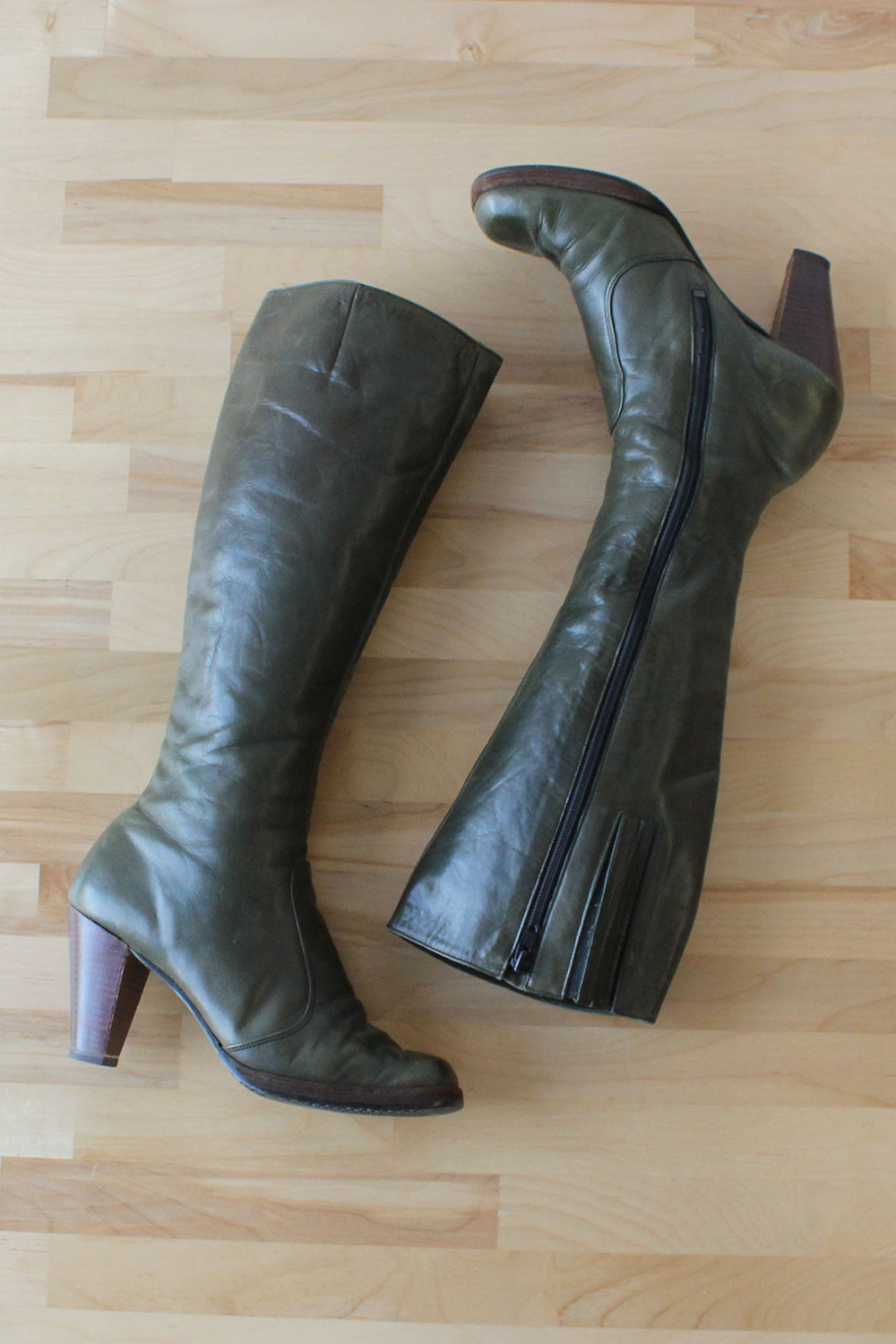 green leather knee high boots